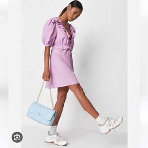 Missguided Poplin Skater Dress Cotton Puff Sleeve Frill Waist Ruched Ruffle Hem